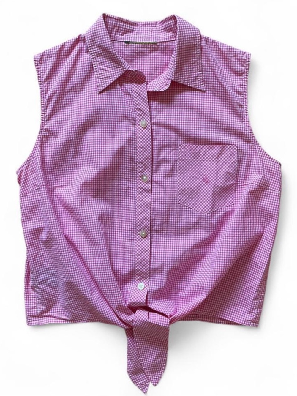 Vintage 90s RALPH LAUREN Sleeveless Gingham ButtonUp w. Tie | S | Pink, White